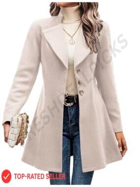 Womens Wool Blend Pea Coat Notch Lapel Single Breasted Long Sleeve Winter